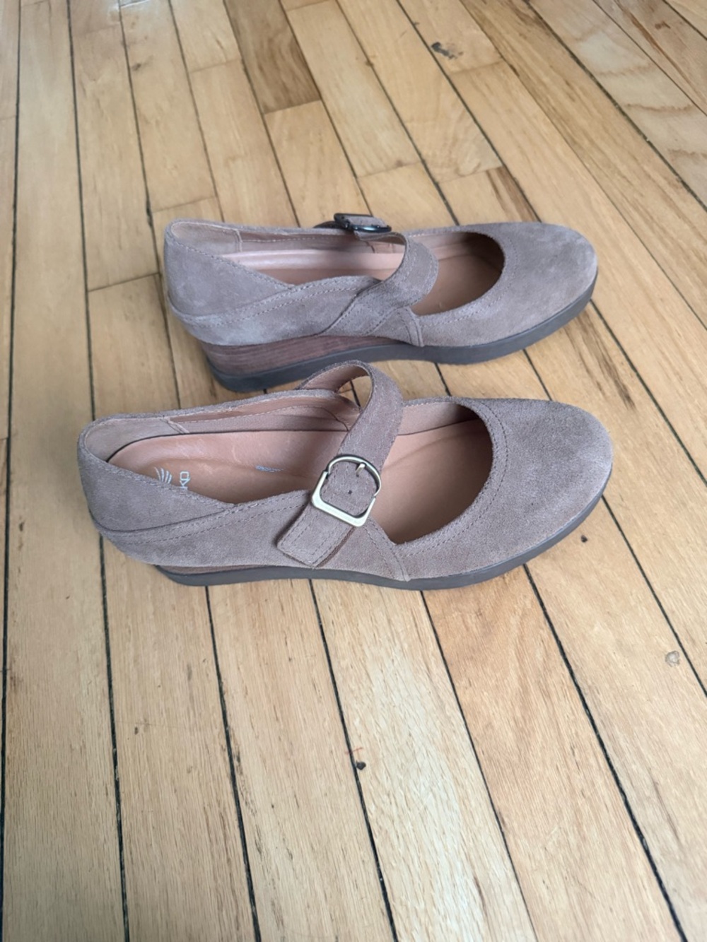 Dansko Taupe Suede Mary Jane Wedge with Buckle Strap - Picture 4 of 6
